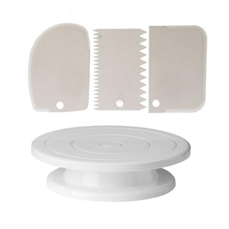 Perfect Pricee Combo Set of Plastic Revolving Turn Table Cake Stand with 3 Scrapper, White