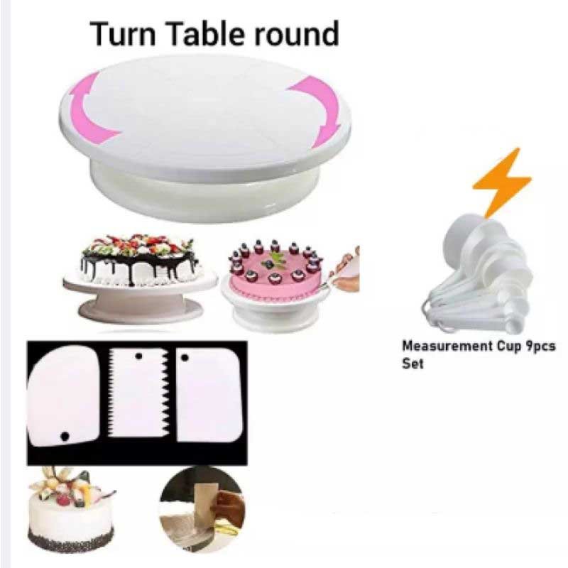 Combo Cake Decorating Turn table & 3 PCS Plastic Cake Scraper Free Measurement Cup set