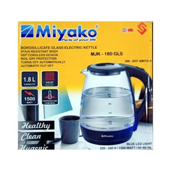Miyako Electric Glass Body Automatic Kettle 1.8 Liter, MJK-180 GLS, 1500 Watt