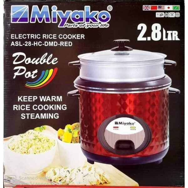 MIyako 2.8 Liter 3 IN 1 Automatic Rice Cooker - Double Pot Non Stick with Glass Lid ASL-28-HC-DMD-RED