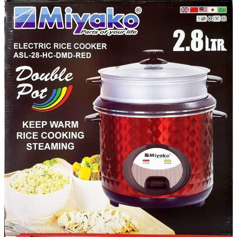 MIyako 2.8 Liter 3 IN 1 Automatic Rice Cooker – Double Pot Non Stick with Glass Lid ASL-28-HC-DMD-RED