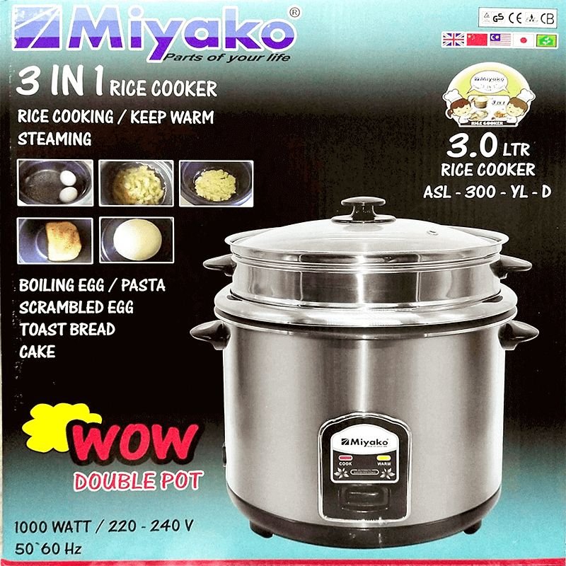 MIYAKO DOUBLE POT NON STICK RICE COOKER GLASS LID WITH 3 LITER 3 IN 1 WARM, RICE COOKING AND STEAMING ASL-300