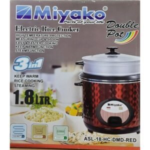 MIYAKO 3 IN 1 AUTOMATIC ELECTRIC RICE COOKER 1.8 LITTER-GLASS LIDS DOUBLE POT NON STICK ASL-18-HC-DMD-RED