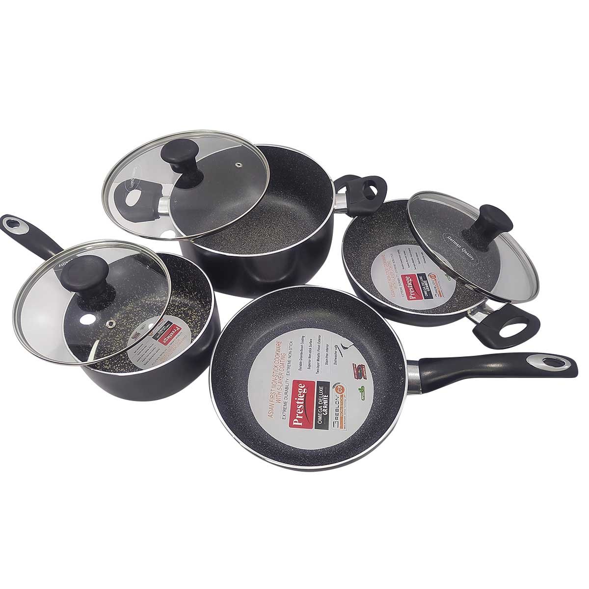 Prestiege Granite Coated 7 Pcs Induction Cookware Set For Superior Release -1Pc Casserol, 1Pc Fry pan, 1Pc Karai, 1Pc Milk pan and 3 lids Gift And Home Use