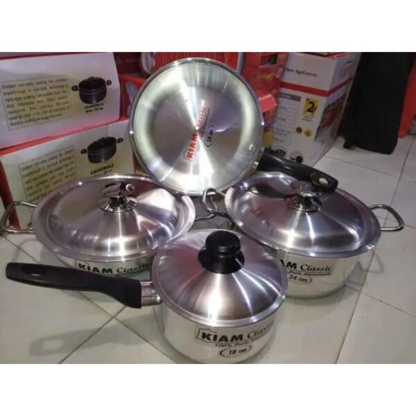 Kiam 7 Pcs Cookware Set Pure Aluminium -1Pcs Casserol 24-cm,1Pcs Fry pan 24-cm,1Pcs Karai 24-cm,1Pcs Milk pan 18-cm,With 3Pcs Lid.