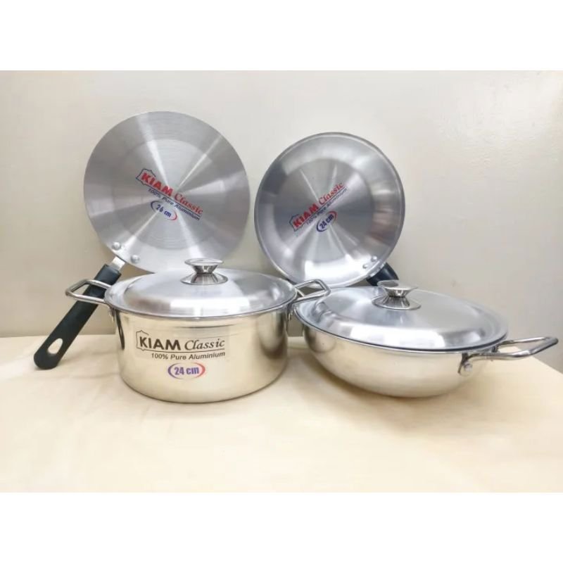 Kiam 6 pcs Family Pack Cookware Set Pure Aluminium. Casserole Stock Pot, Korai, RutiTawa, Fry Pan & Lid Set