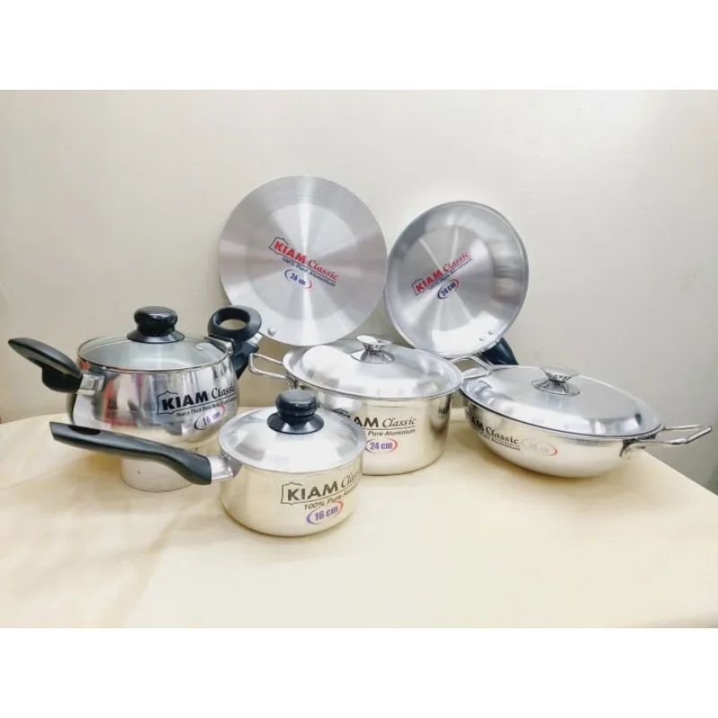 Kiam 10 Pcs Family Pack Cookware Set Pure Aluminium. Casserole Stock Pot, Korai, Milk Pan, Baly Such Pan, Ruti Tawa, Fry Pan & Lid Set. Model: T355.