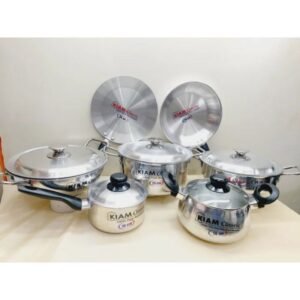 Kiam 12 pcs Family Pack Cookware Set Pure Aluminium. Casserole Stock Pot, Wokm Pan, Korai, Milk Pan, Baly Such Pan, Ruti Tawa, Fry Pan & Lid Set. Model: T085.