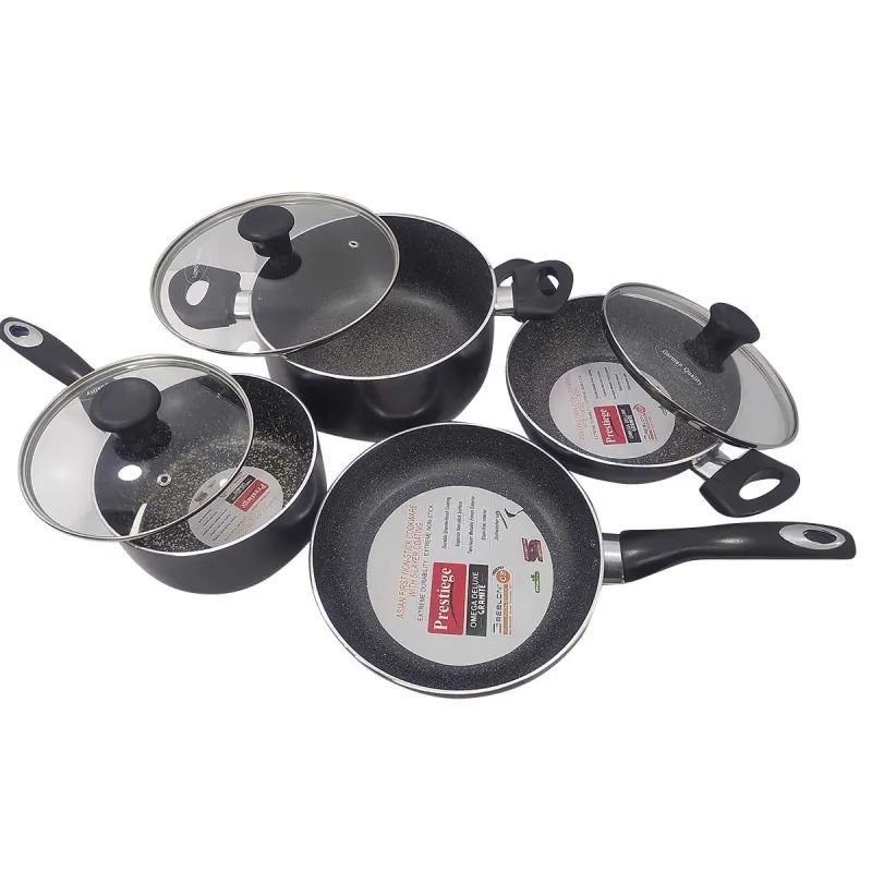 Prestiege Granite Coated 7 Pcs Induction Cookware Set For Superior Release -1Pc Casserol, 1Pc Fry pan, 1Pc Karai, 1Pc Milk pan and 3 lids .