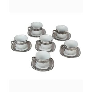 6 Sets Of Tea Cups & Saucers - Silver & White