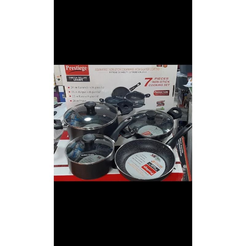 Prestige Omega Granite (Sos Pan, Karai, Fry Pan, Milk Pan 7 Piece Set) Induction Bottom Cookware Set (Aluminum, 7-Pie)