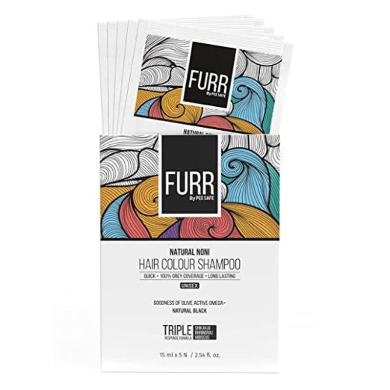 FURR By Pee Safe Instant Hair Colour Shampoo With Natural Noni and Olive Active Omega + (Natural Black) – Pack of 5