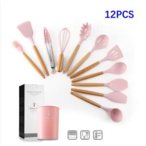 12PCS Silicone Cooking Tools Kitchen Utensils Set Accessories With Storage Box Tong Spatula with Wood Handle Nonstick Cookware