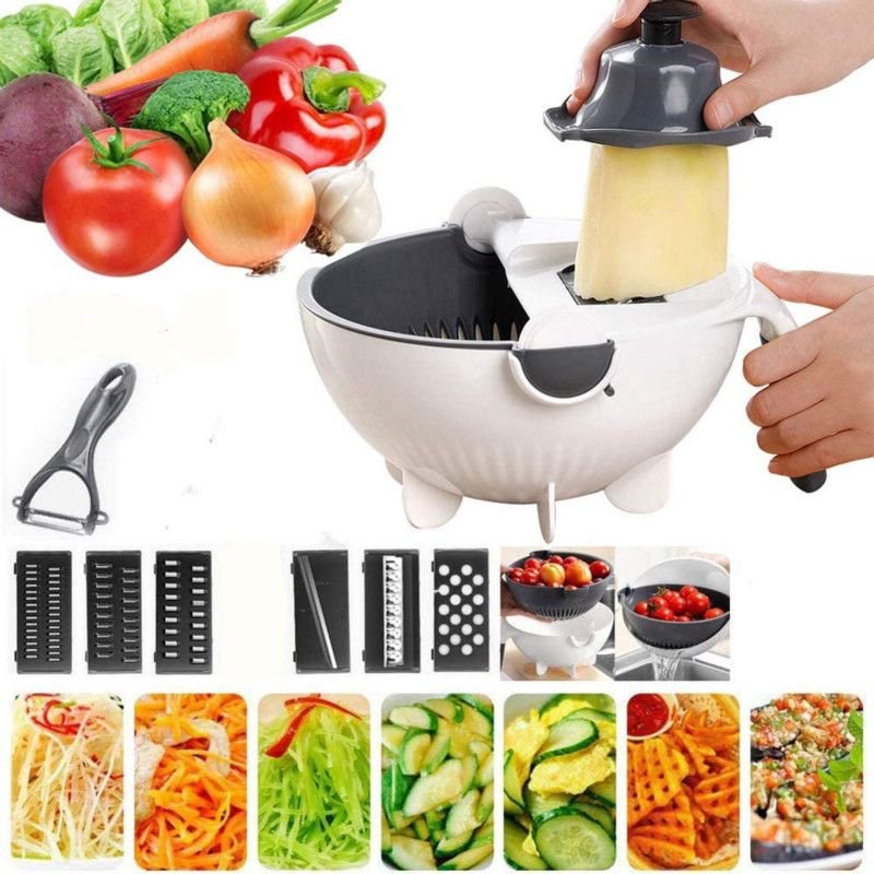 New 9 in 1 Multifunction Magic Rotate Vegetable Cutter with Drain Basket Vegetables Chopper Veggie Slicer Kitchen Tool with 8 Dicing Blades