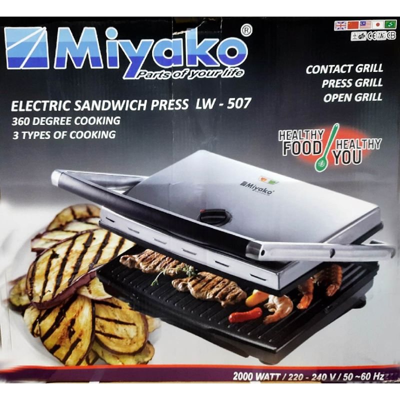 MIYAKO ELECTRIC SANDWICH PRESS CONTACT GRILL, GRILL SAB SANDWICH MAKER NO. 2000 W. NO. MODEL: LW-507