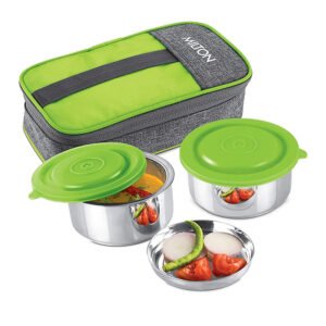 Milton Pasto Lunch Box 2 Double Wall Stainless Steel Containers with Denim Insulated Jacket, Set of 2, 350 ml, Green
