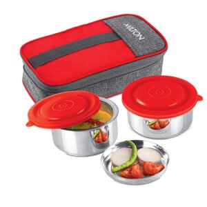 Milton Pasto Lunch Box 2 Double Wall Stainless Steel Containers with Denim Insulated Jacket, Set of 2, 350 ml, Red